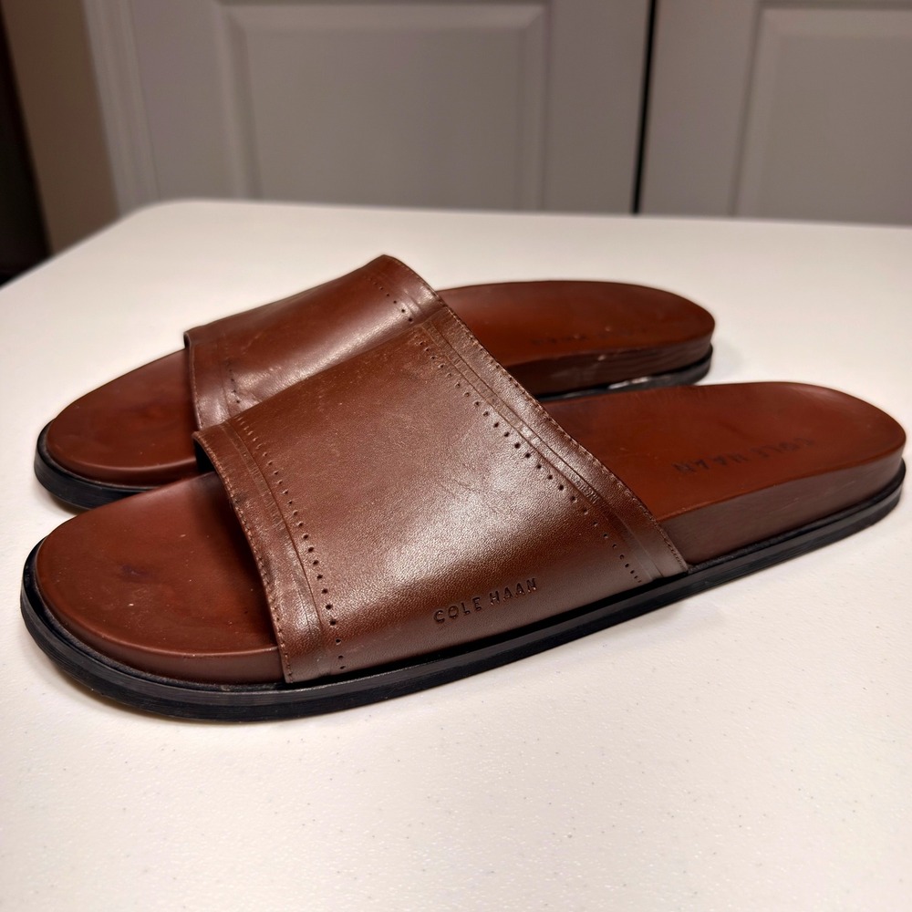 Cole Haan Mens Leather Slide Sandals Brown Grand Perforated Slides Size 12 M - Picture 5 of 12